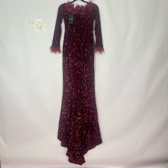 Miss Ord Women’s Off Shoulder Long Sleeve Wine Sequin Velvet Dress Gown Sz M NWT - Picture 5 of 9